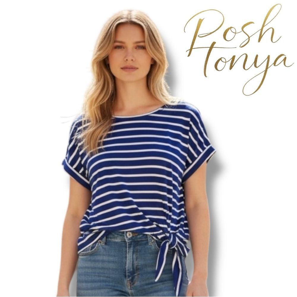 Calvin Klein Side Tie Top Blue White Stripes Size S Nautical Coastal Resort